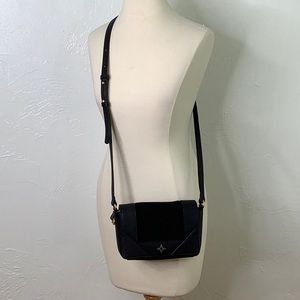 India Hicks Black suede/leather Dressage crossbody purse size 8X2.5X5 NWOT